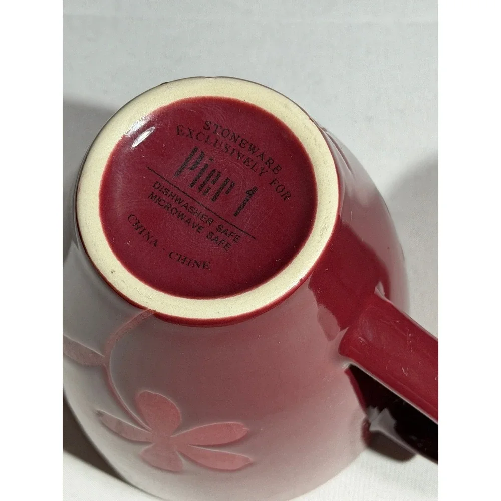 Pier 1 Red Floral Embossed Stoneware Coffee Mugs Set of 2 Deep Red Burgundy